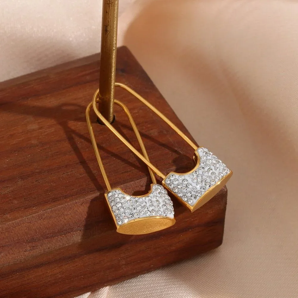 Safety Pin Lock White Zircon Dangle Earrings 18K Gold Plated Stainless - Picture 4 of 9